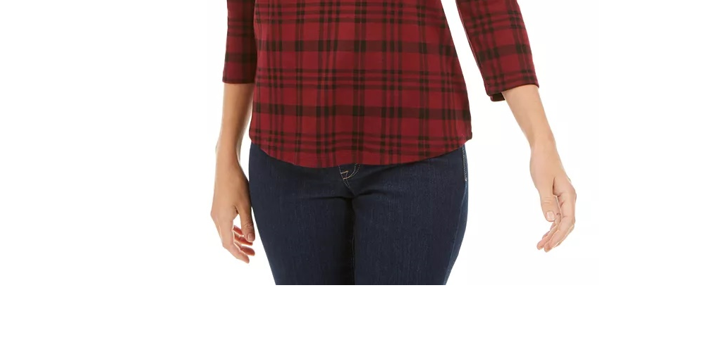 Charter Club Women's Petite Pima Cotton Button-Shoulder Print Top Pink Size PL