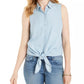 Charter Club Women's Cotton Tie-Hem Sleeveless Shirt Blue Size 12