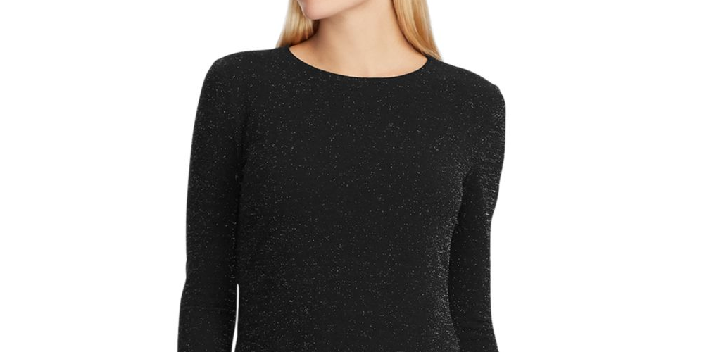 Ralph Lauren Women's Shimmering Long Sleeve Jewel Neck Knee Length Body Con Evening Dress Black Size 0