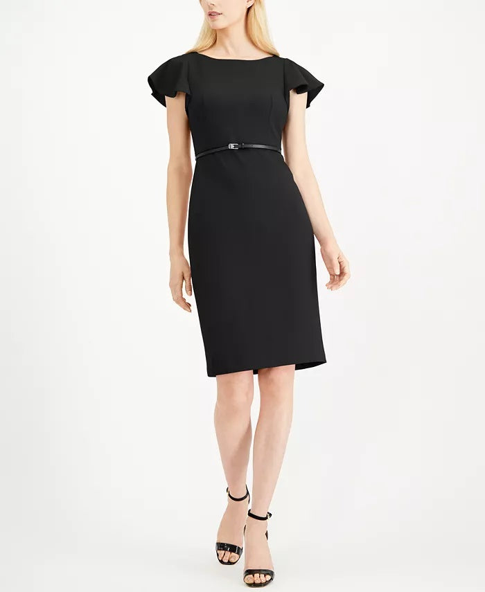 Calvin Klein Women's Petite Ruffle-Shoulder Sheath Dress Black Size 8 Petite