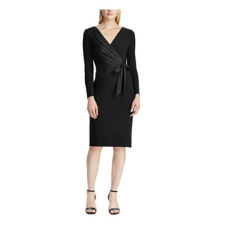 Ralph Lauren Women's Black Belted Long Sleeve V Neck Below The Knee Sheath Cocktail Dress Black Size 6
