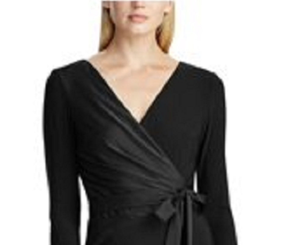 Ralph Lauren Women's Black Belted Long Sleeve V Neck Below The Knee Sheath Cocktail Dress Black Size 6