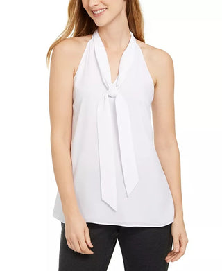 Calvin Klein Womens Slim Fit Tie Neck Sleeveless V Neck Top White Size Large