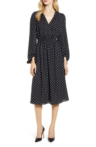 Anne Klein Women's Dot Print Smocked Waist Dress Black Size X-Small