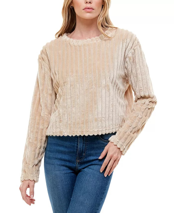 Derek Heart Junior's Ribbed Faux Fur Top Beige Size Small