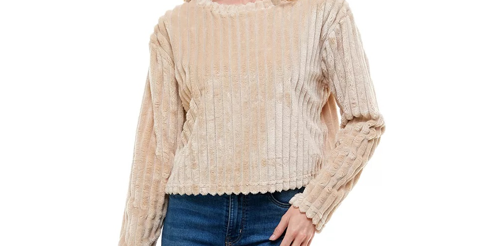 Derek Heart Junior's Ribbed Faux Fur Top Beige Size Small