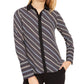 Anne Klein Women's Striped Long Sleeve Collared Top Black Size Large