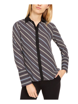 Anne Klein Women's Striped Long Sleeve Collared Top Black Size Large