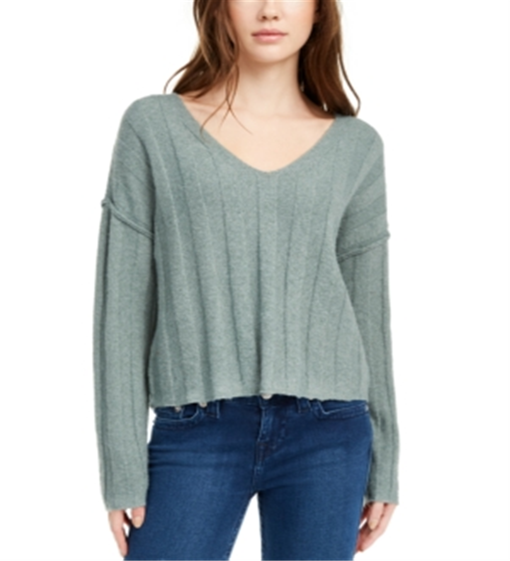 Pink Rose Junior's Ribbed Raw Hem Sweater Green Size Large