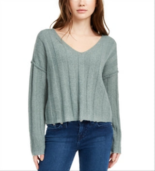 Pink Rose Junior's Ribbed Raw Hem Sweater Green Size Large