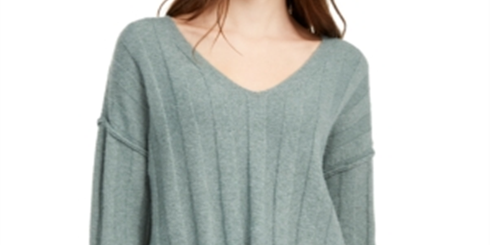 Pink Rose Junior's Ribbed Raw Hem Sweater Green Size Large