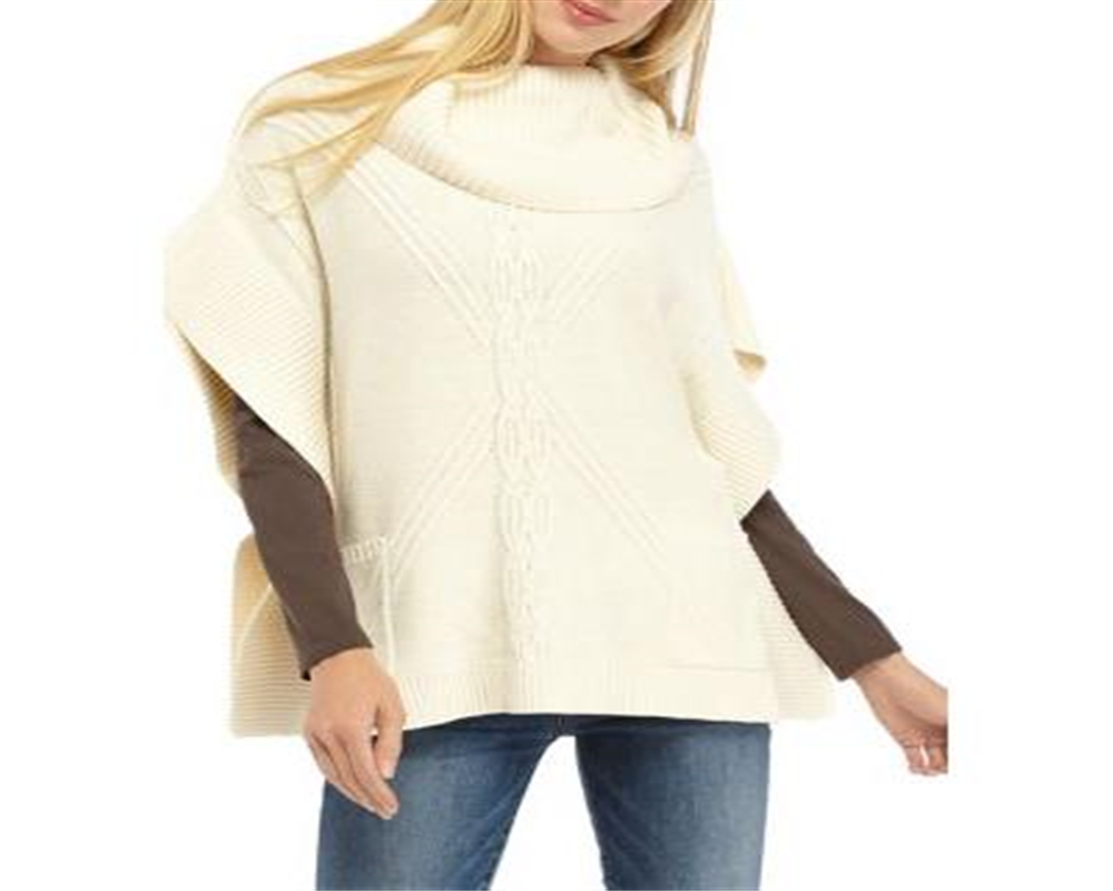 Anne Klein Women's Cowl Neck Mixed Stitch Poncho Sweater Pearl White Size 2XS