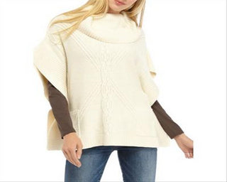 Anne Klein Women's Cowl Neck Mixed Stitch Poncho Sweater Pearl White Size 2XS