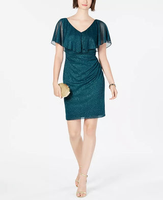 Connected Women's Ruffle Overlay Glitter Short Sleeve V Neck Above The Knee Sheath Party Dress Green Size 8