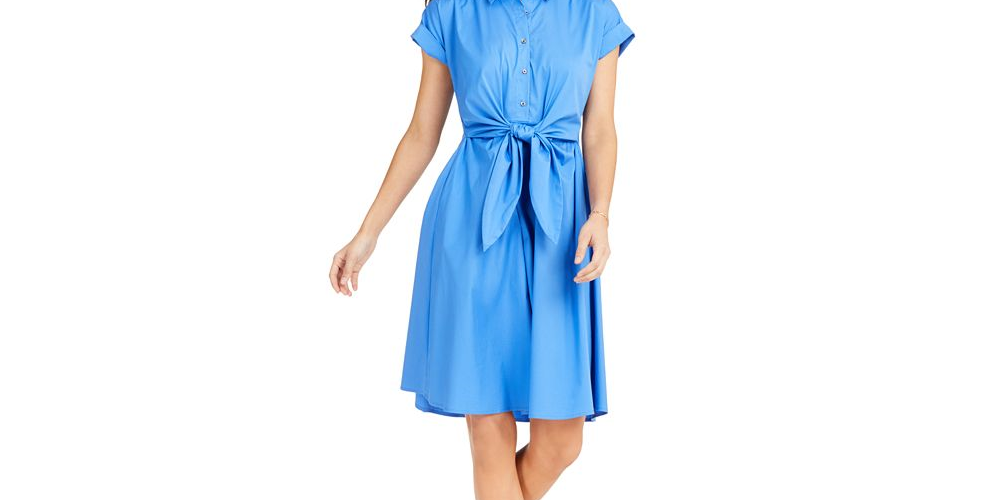 Charter Club Women's Cotton Tie Waist Fit & Flare Dress Blue Size -4
