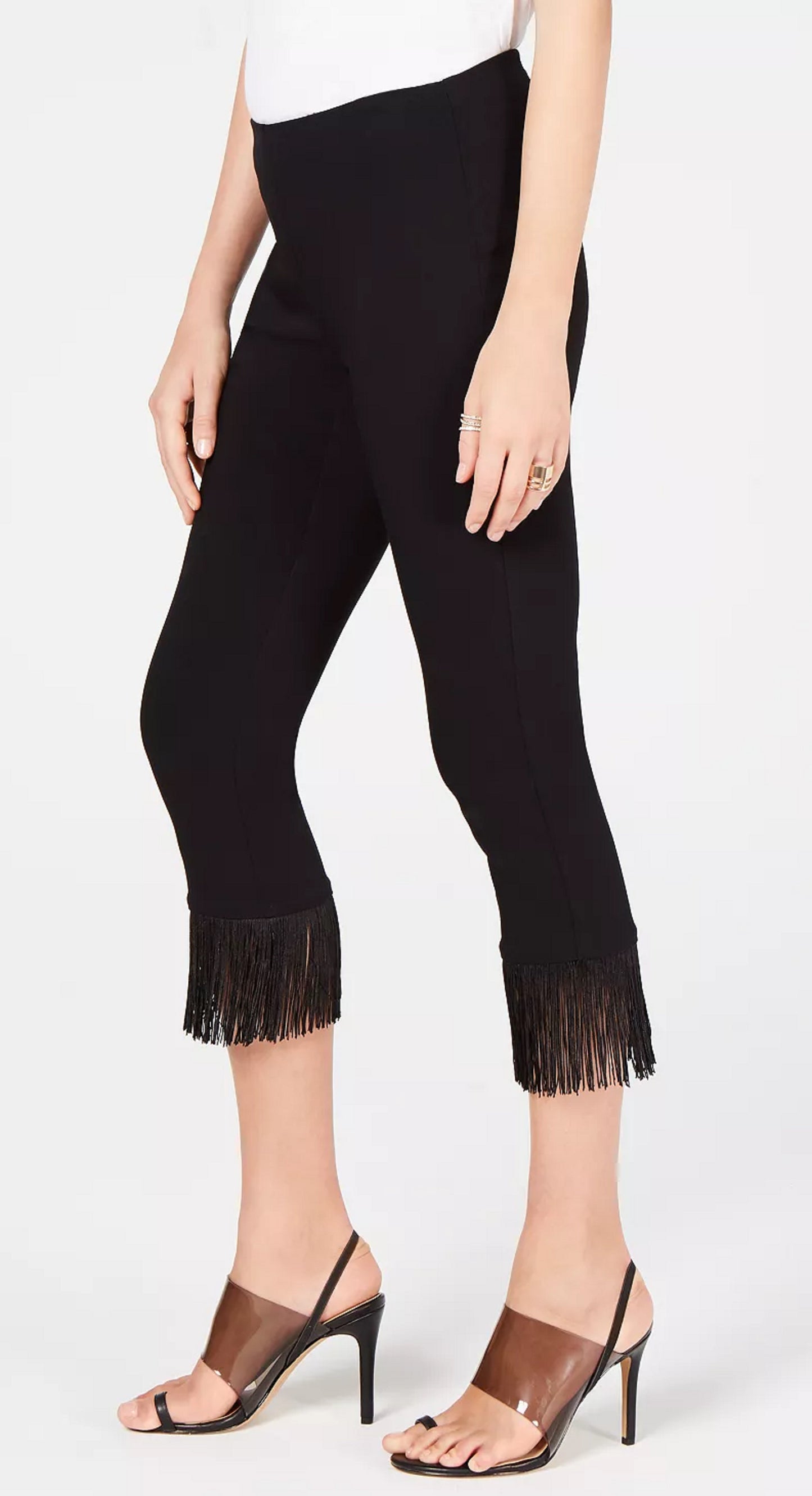 INC International Concepts Women's Fringe Trim Cropped Skinny Pants Black Size 18