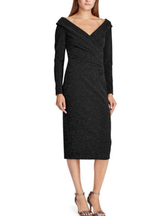 Ralph Lauren Women's Gathered Glitter Long Sleeve V Neck Below The Knee Sheath Evening Dress Black Size 4