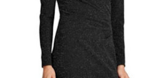 Ralph Lauren Women's Gathered Glitter Long Sleeve V Neck Below The Knee Sheath Evening Dress Black Size 4