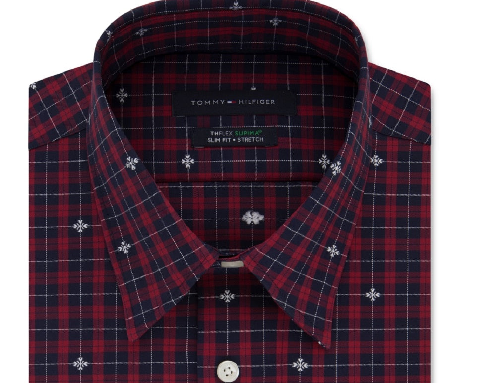 Tommy Hilfiger Men's Slim-Fit Check Dress Shirt Red Size  XL