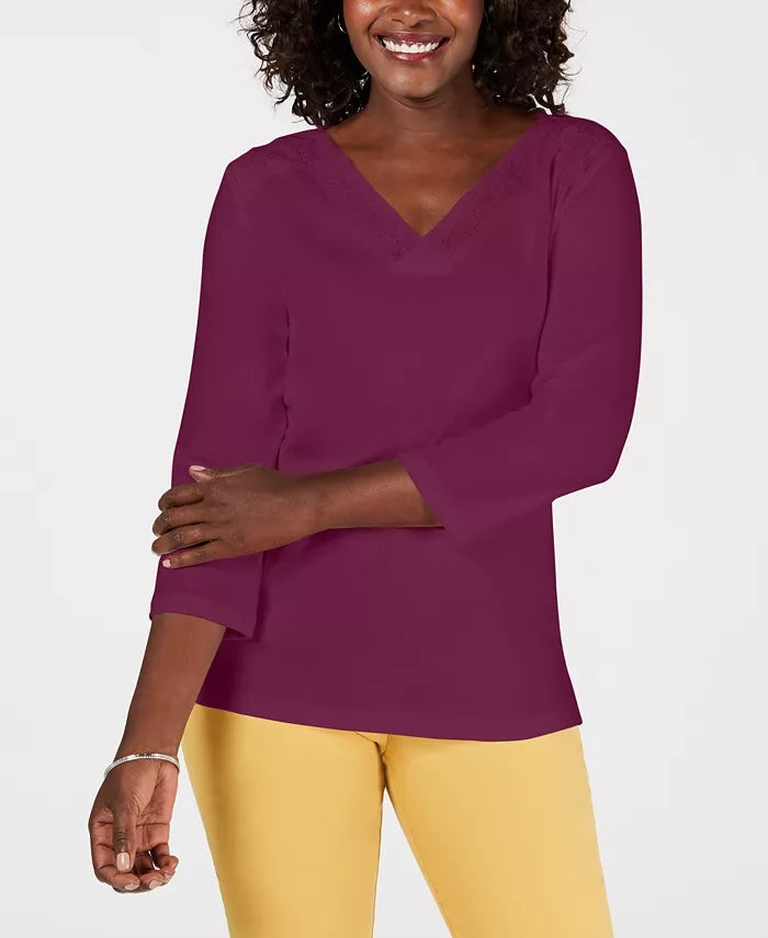 Karen Scott Women's Eyelet Trim Top Pink Size X-Small