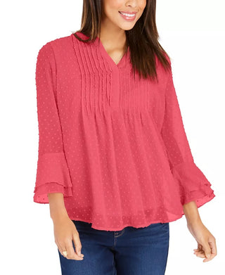 Charter Club Women's Double Ruffle Textured Pintuck Top Red Size Petite XL