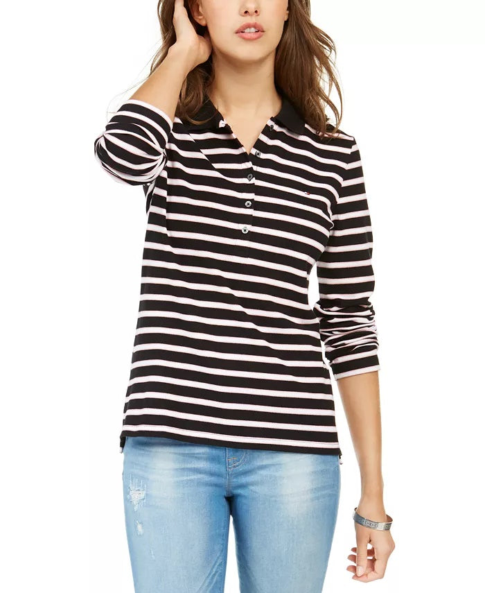 Tommy Hilfiger Women's Long-Sleeve Polo Shirt Navy Multi Size Small