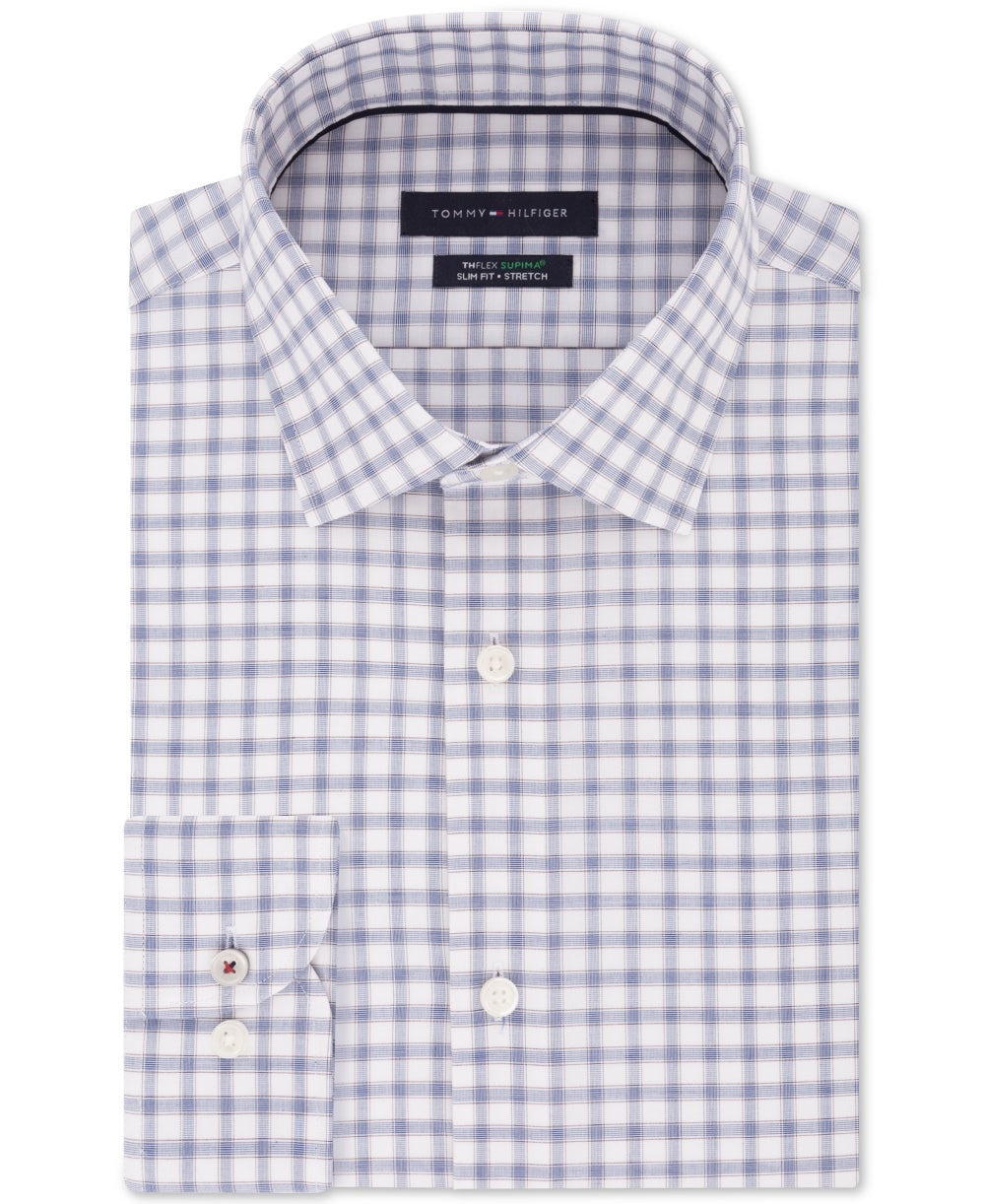 Tommy Hilfiger Men's Slim-Fit Non-Iron Thflex Supima Performance Stretch Check Dress Shirt Cocoa Size 15X34-35
