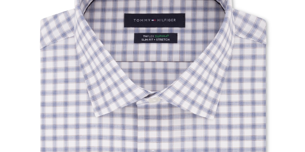 Tommy Hilfiger Men's Slim-Fit Non-Iron Thflex Supima Performance Stretch Check Dress Shirt Cocoa Size 15X34-35