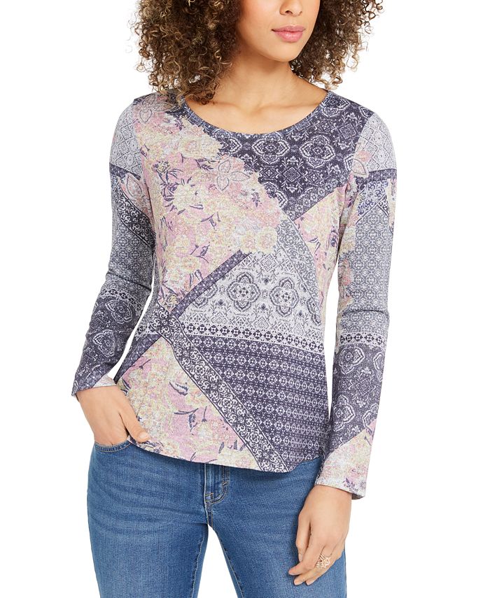 Style & Co Women's Printed Knit Top Blue Size M