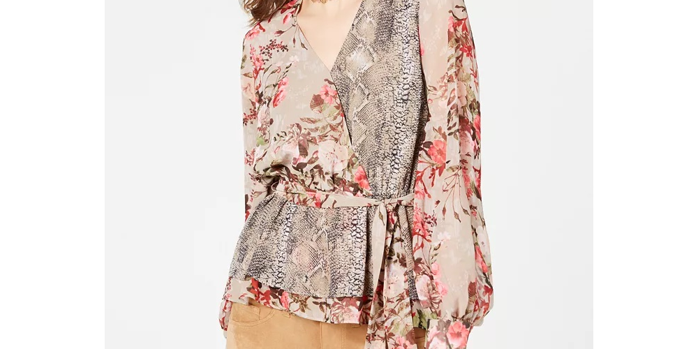 INC International Concepts Women's Printed Peplum Wrap Blouse Red Size XX-Large