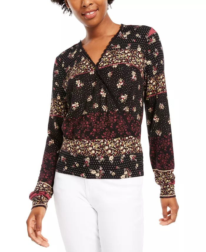American Rag Women's Lace Floral Long Sleeve V Neck Wrap Top Black Size Medium