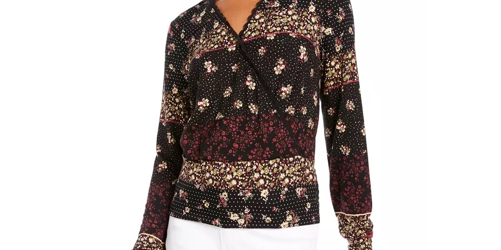 American Rag Women's Lace Floral Long Sleeve V Neck Wrap Top Black Size Medium