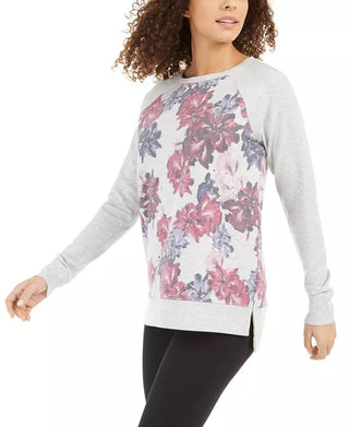 Ideology Women's Floral Printblocked Terry Top Gray Size Small