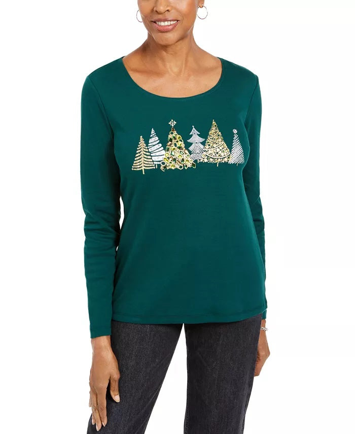 Karen Scott Women's Embellished Cotton Top Green Size Petite S