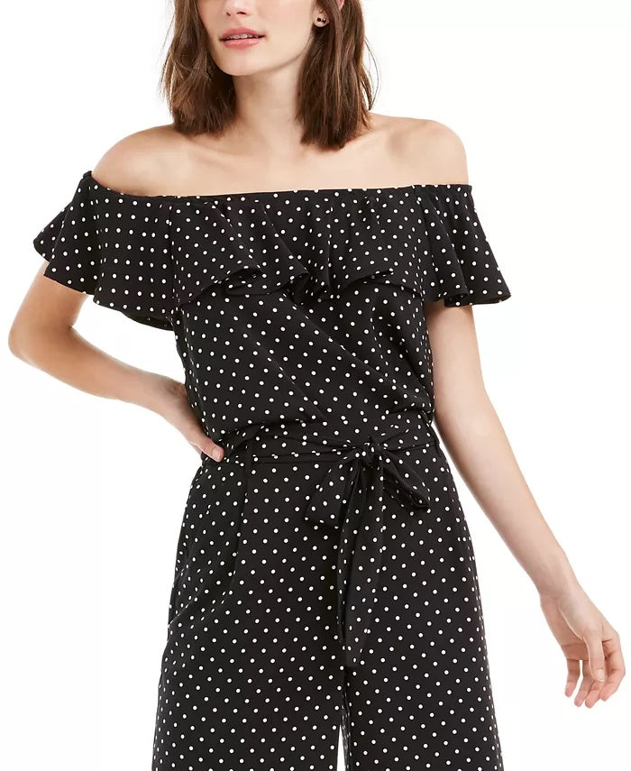 Maison Jules Women's Striped Short Sleeve Off Shoulder Top Black Size Medium