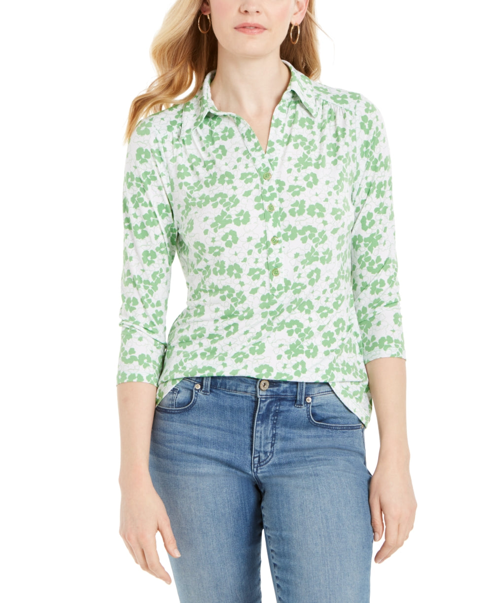Charter Club Women's 3/4 Sleeve Printed Polo Top Green Size XX Large