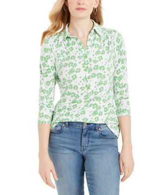 Charter Club Women's 3/4 Sleeve Printed Polo Top Green Size XX Large