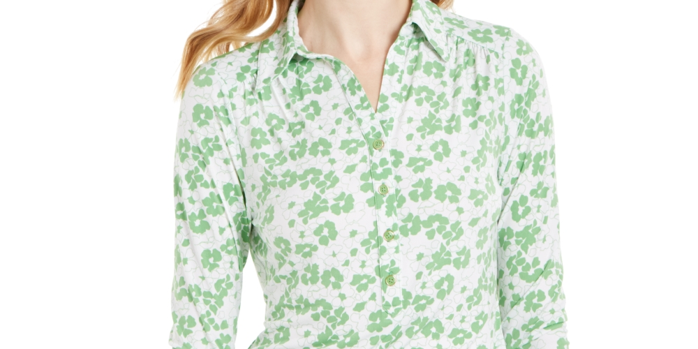 Charter Club Women's 3/4 Sleeve Printed Polo Top Green Size XX Large
