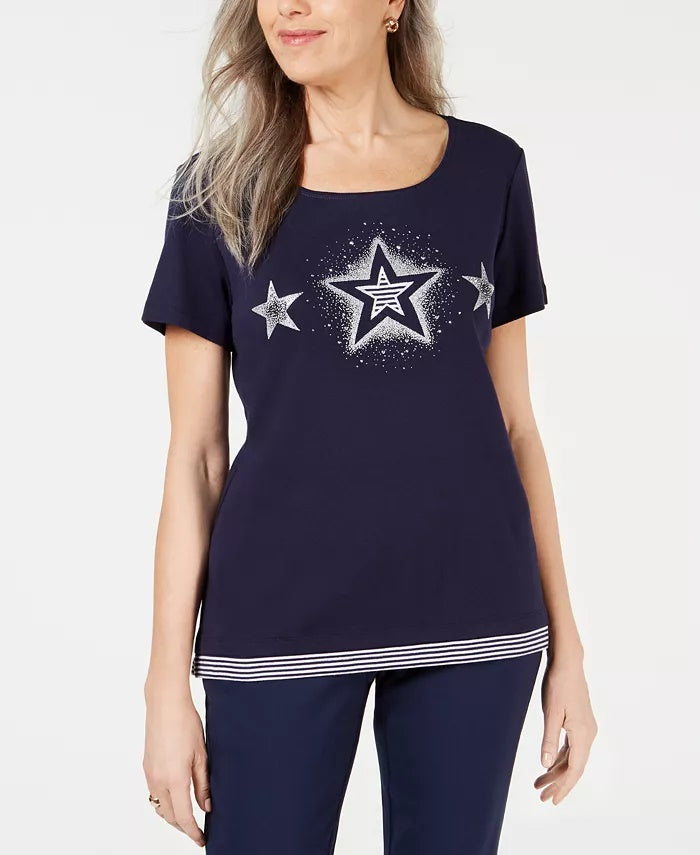 Karen Scott Women's Cotton Star Print Top Blue Size Small