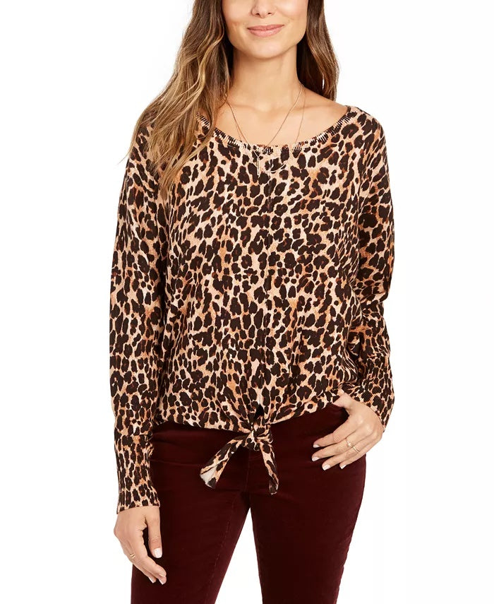 Style & Co Women's Animal Print Long Sleeve Scoop Neck Sweater Brown Size PP