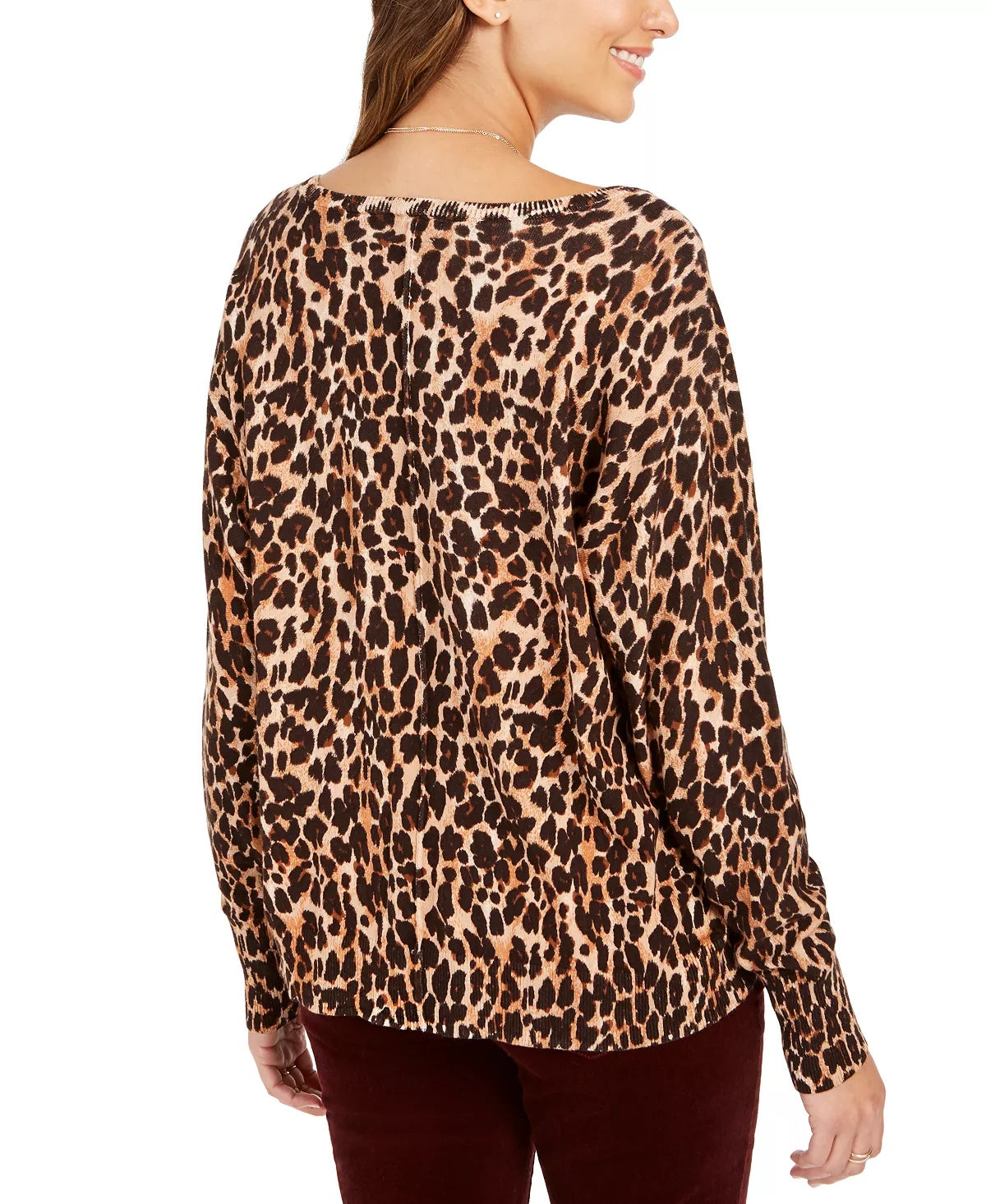 Style & Co Women's Animal Print Long Sleeve Scoop Neck Sweater Brown Size PP
