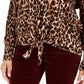 Style & Co Women's Animal Print Long Sleeve Scoop Neck Sweater Brown Size PP