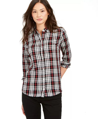 Charter Club Women's Plaid Cotton Button Up Shirt Black Size Petite Small