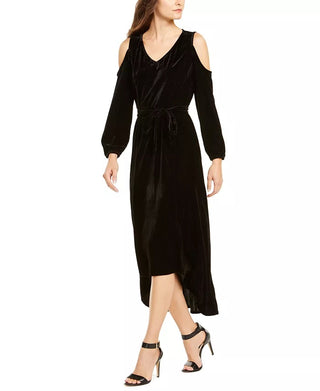 NY CollectionWomen's Velvet Cold Shoulder Tie Waist Dress Black Size -PXL