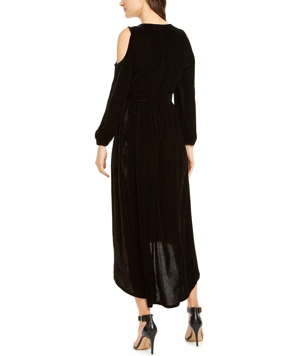 NY CollectionWomen's Velvet Cold Shoulder Tie Waist Dress Black Size -PXL