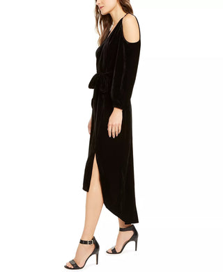 NY CollectionWomen's Velvet Cold Shoulder Tie Waist Dress Black Size -PXL