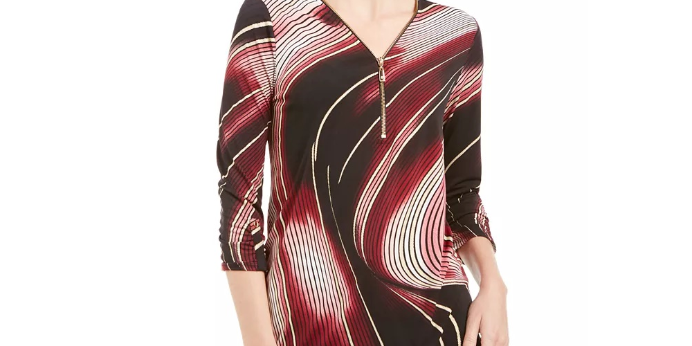 JM Collection Women's Printed Zipper-Trim Tunic Black Size Small