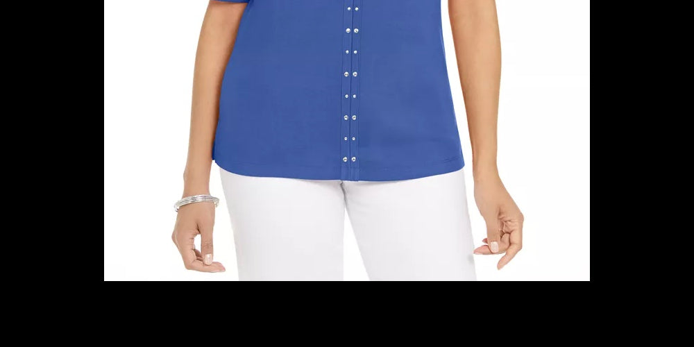 Karen Scott Women's Cotton Keyhole Studded Top Blue Size Small