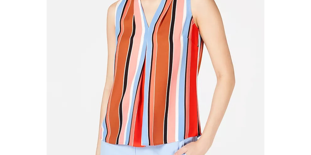 Bar III Women's Striped Inverted Pleat Blouse Brown Multi Size X-Small