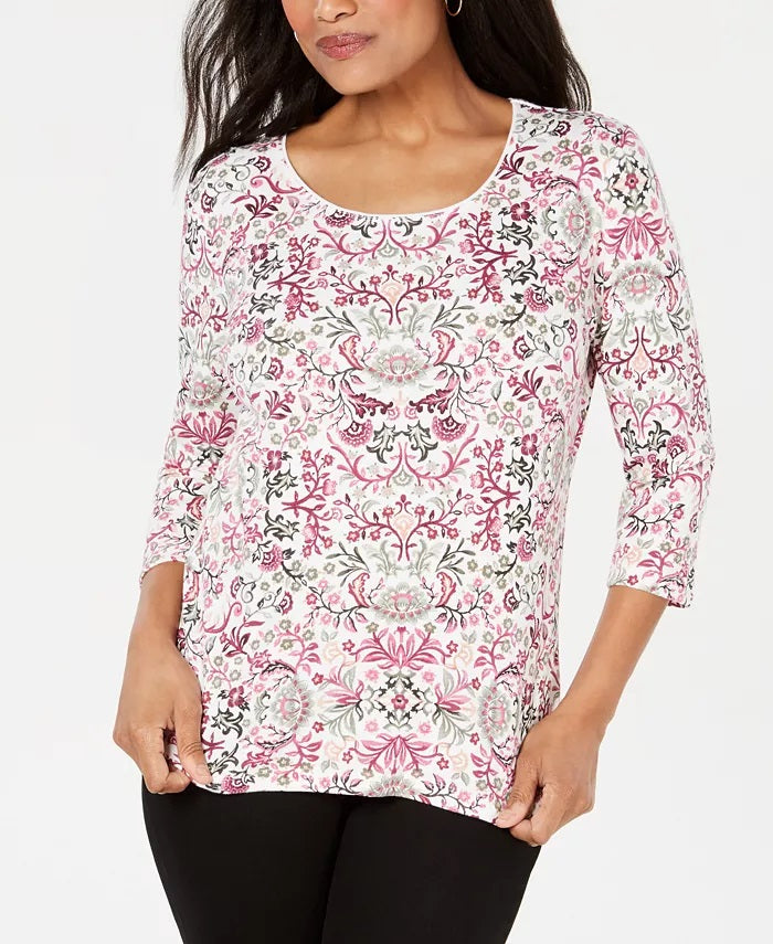 Karen Scott Women's Printed Scoop Neck Top Red Size Petite Small